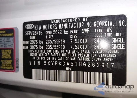 2017 Kia Sorento 3.3L Sx z USA, uszkodzony, nr VIN 5XYPKDA51HG262917